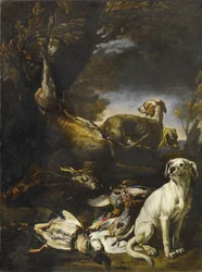 Selvaggina sorvegliata da cani in un paesaggio boschivo